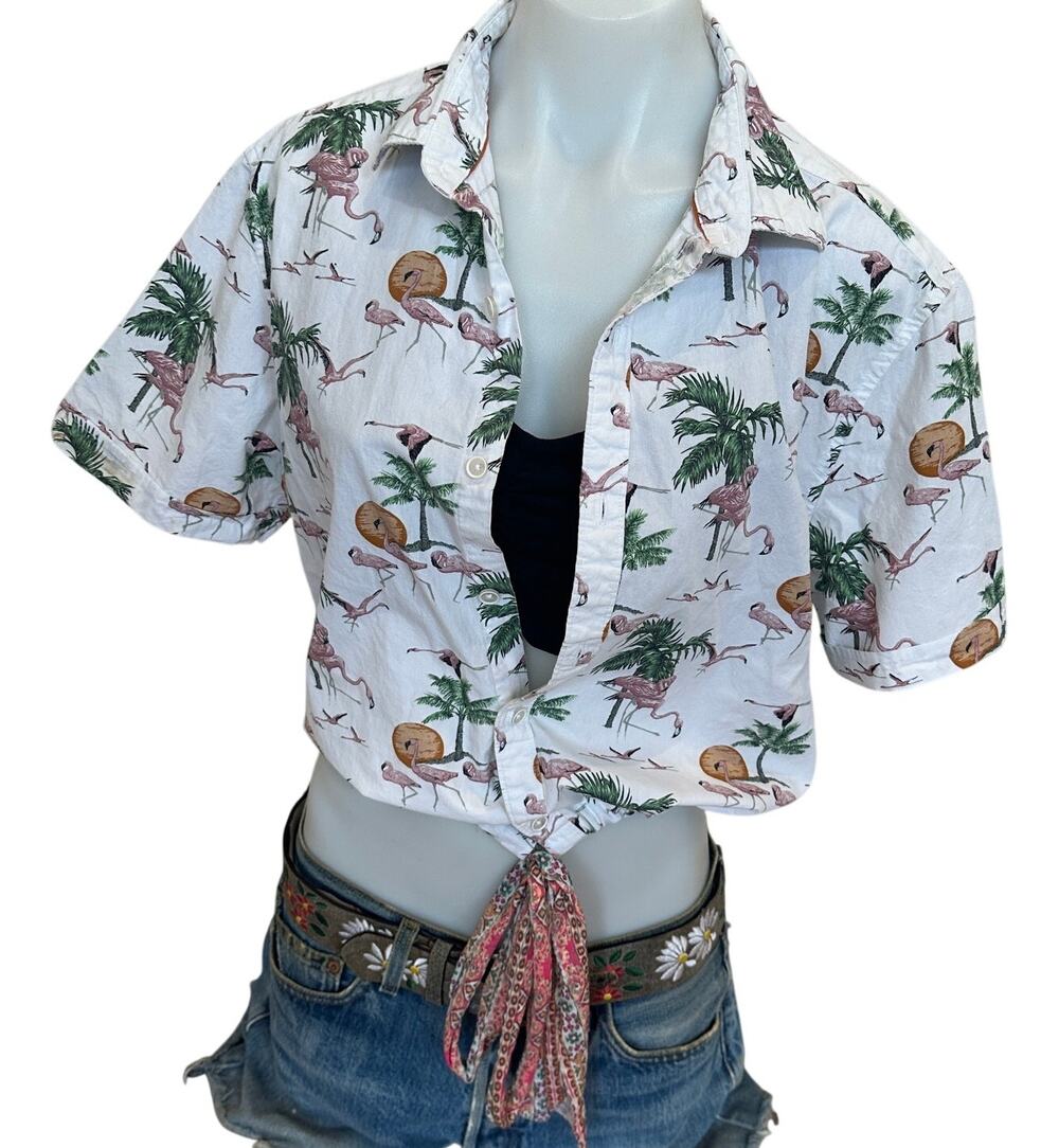 Hawaiian Shirt Tropical Button Down Crop Top One Size Oversized Unique Vacation
